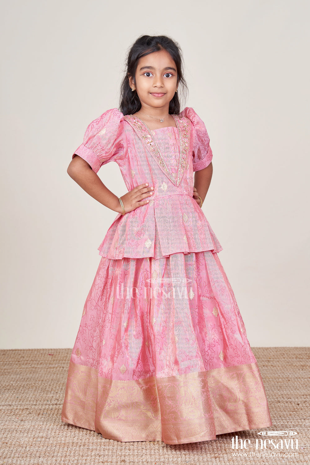 The Nesavu Girls Silk Gown Girls Silk Frock with Zari Border for Weddings and Traditional Celebrations Nesavu Nesavu girls silk frock broad zari border puff sleeves weddings naming ceremonies