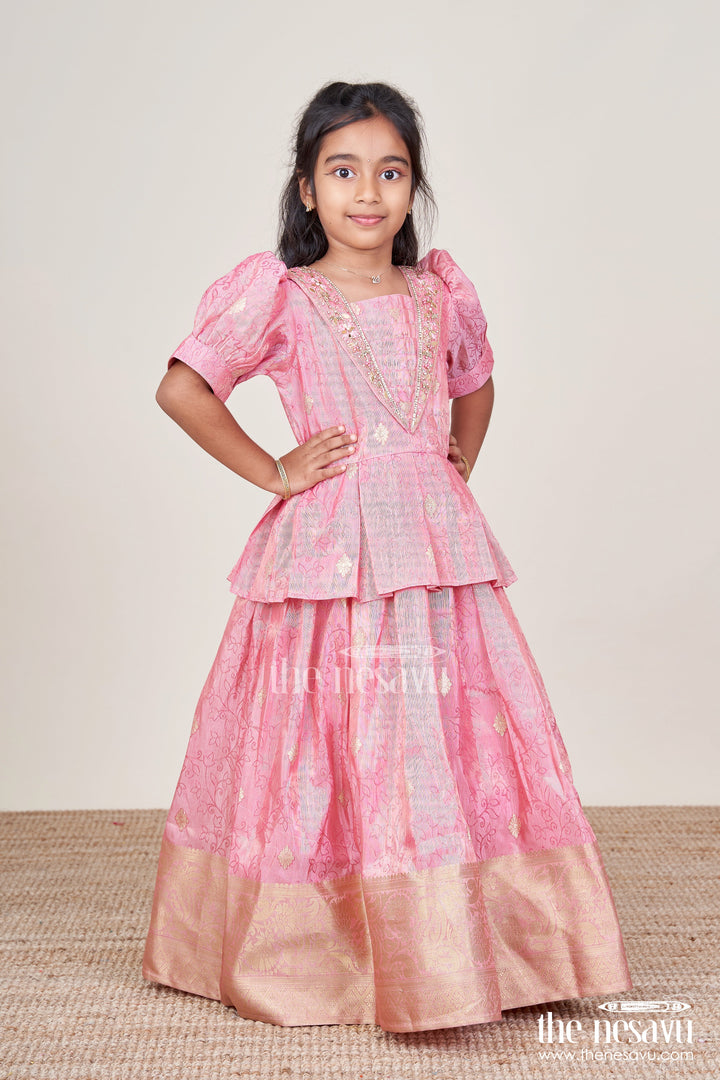 The Nesavu Girls Silk Gown Girls Silk Frock with Zari Border for Weddings and Traditional Celebrations Nesavu Nesavu girls silk frock broad zari border puff sleeves weddings naming ceremonies