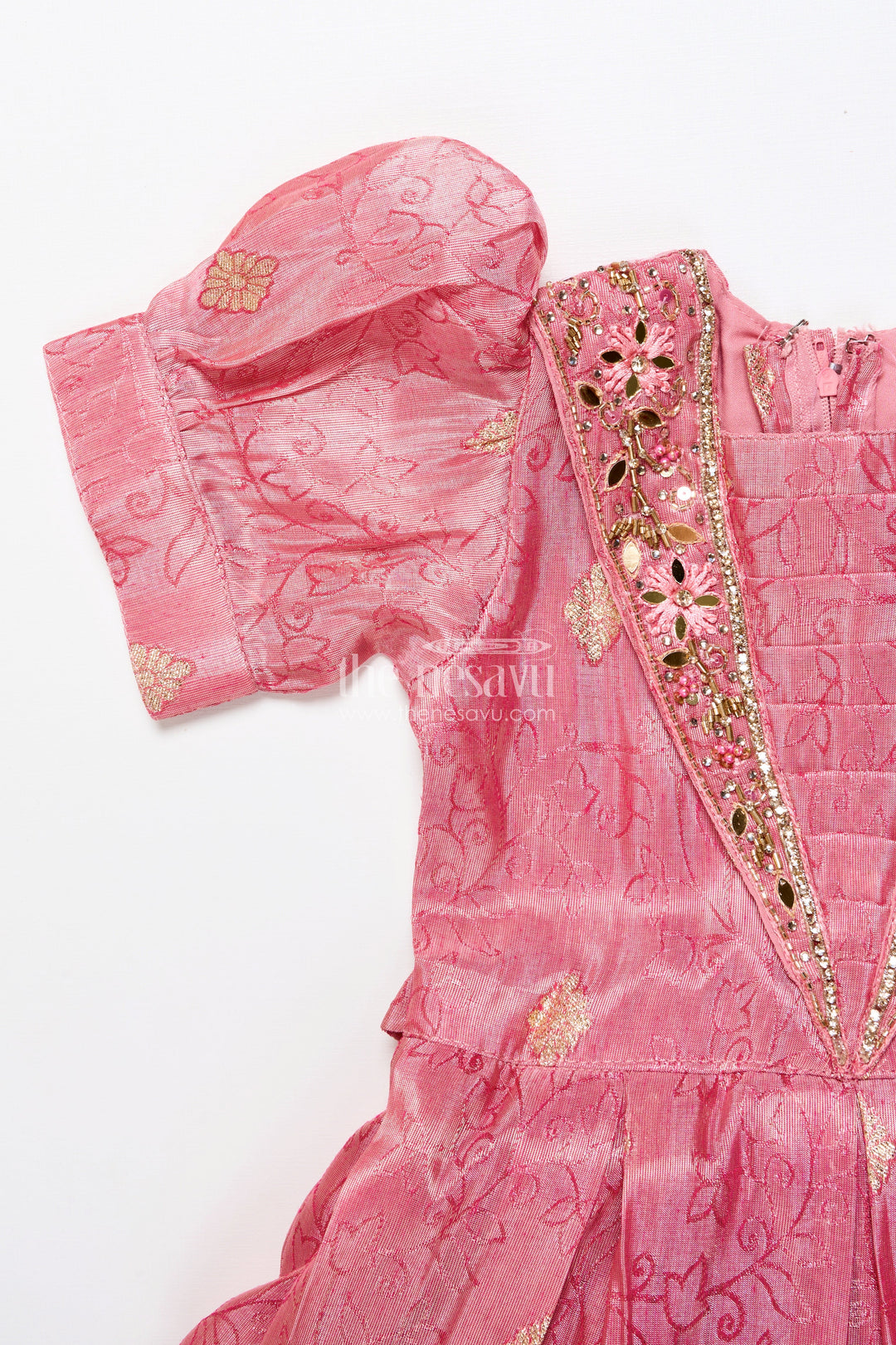 The Nesavu Girls Silk Gown Girls Silk Frock with Zari Border for Weddings and Traditional Celebrations Nesavu Nesavu girls silk frock broad zari border puff sleeves weddings naming ceremonies