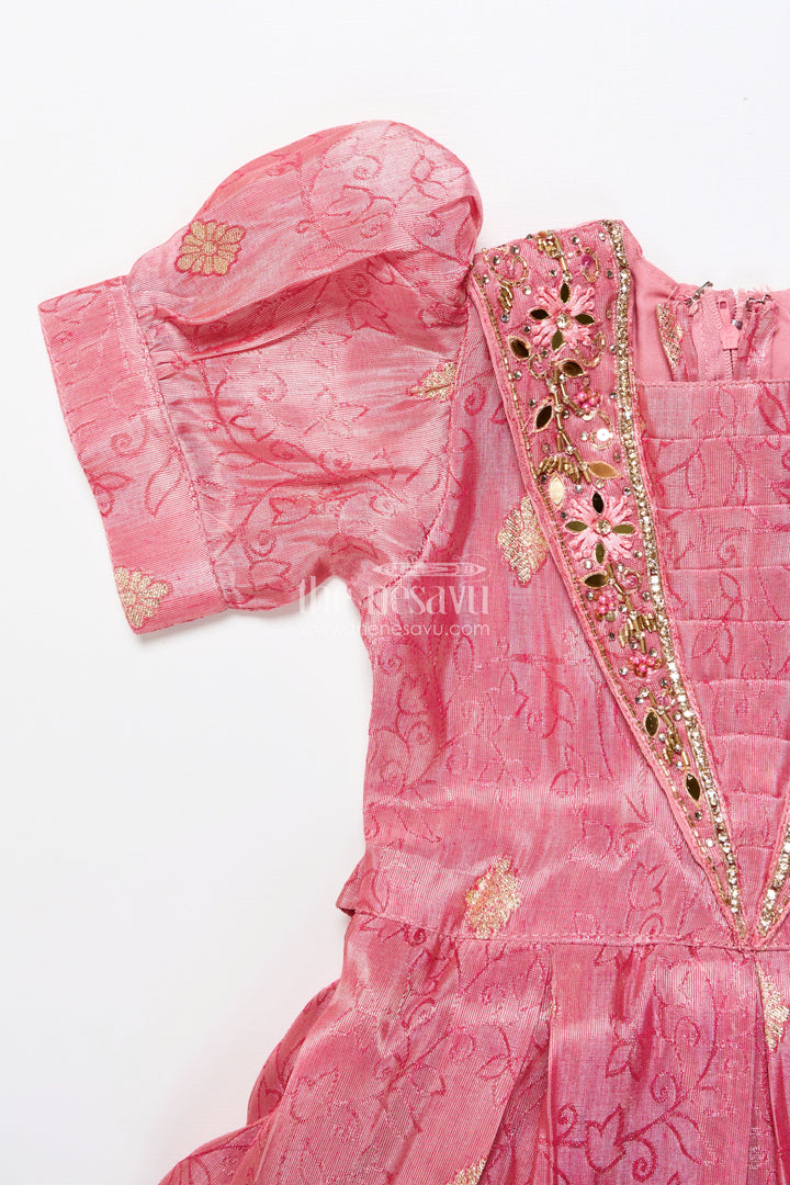 The Nesavu Girls Silk Gown Girls Silk Frock with Zari Border for Weddings and Traditional Celebrations Nesavu Nesavu girls silk frock broad zari border puff sleeves weddings naming ceremonies