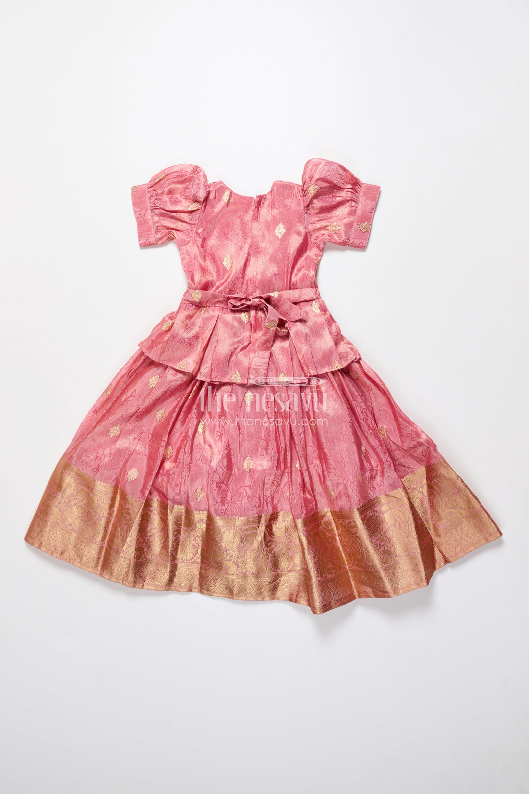 The Nesavu Girls Silk Gown Girls Silk Frock with Zari Border for Weddings and Traditional Celebrations Nesavu Nesavu girls silk frock broad zari border puff sleeves weddings naming ceremonies