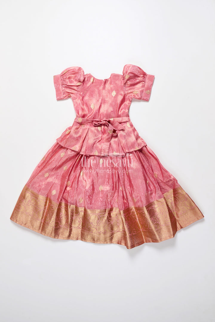 The Nesavu Girls Silk Gown Girls Silk Frock with Zari Border for Weddings and Traditional Celebrations Nesavu Nesavu girls silk frock broad zari border puff sleeves weddings naming ceremonies