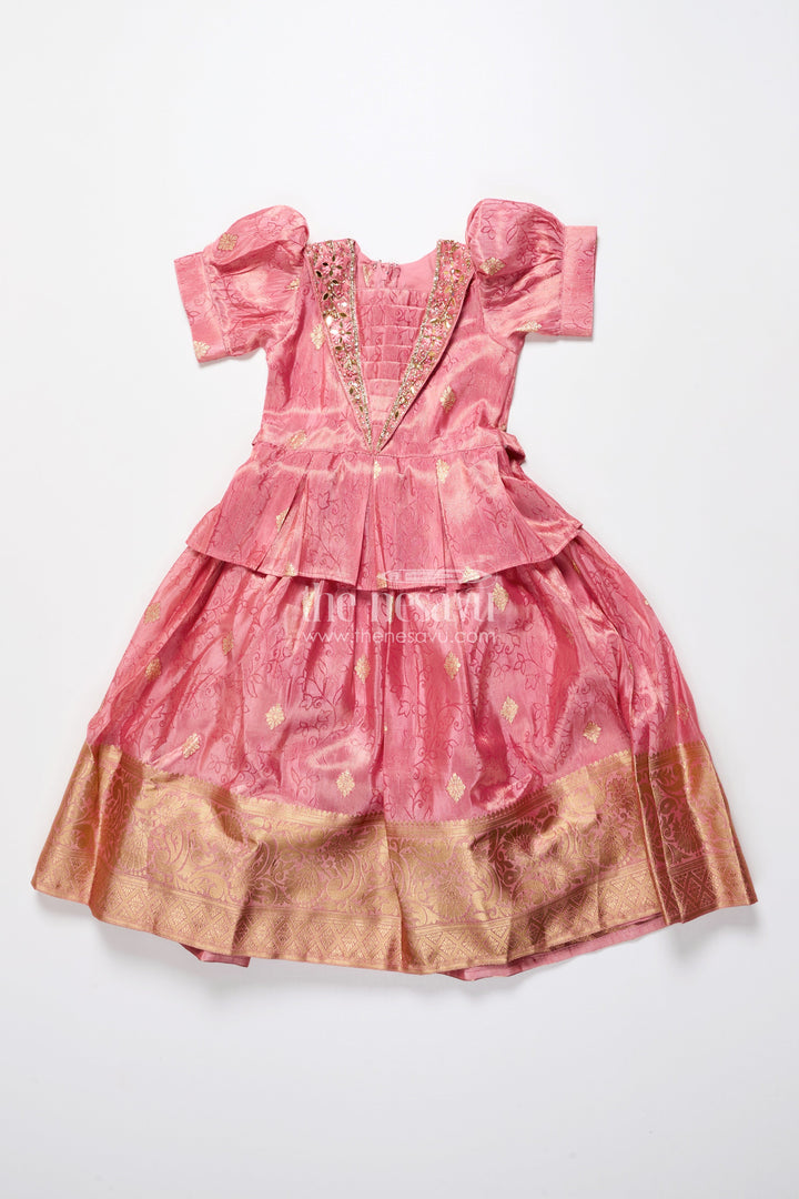 The Nesavu Girls Silk Gown Girls Silk Frock with Zari Border for Weddings and Traditional Celebrations Nesavu Nesavu girls silk frock broad zari border puff sleeves weddings naming ceremonies