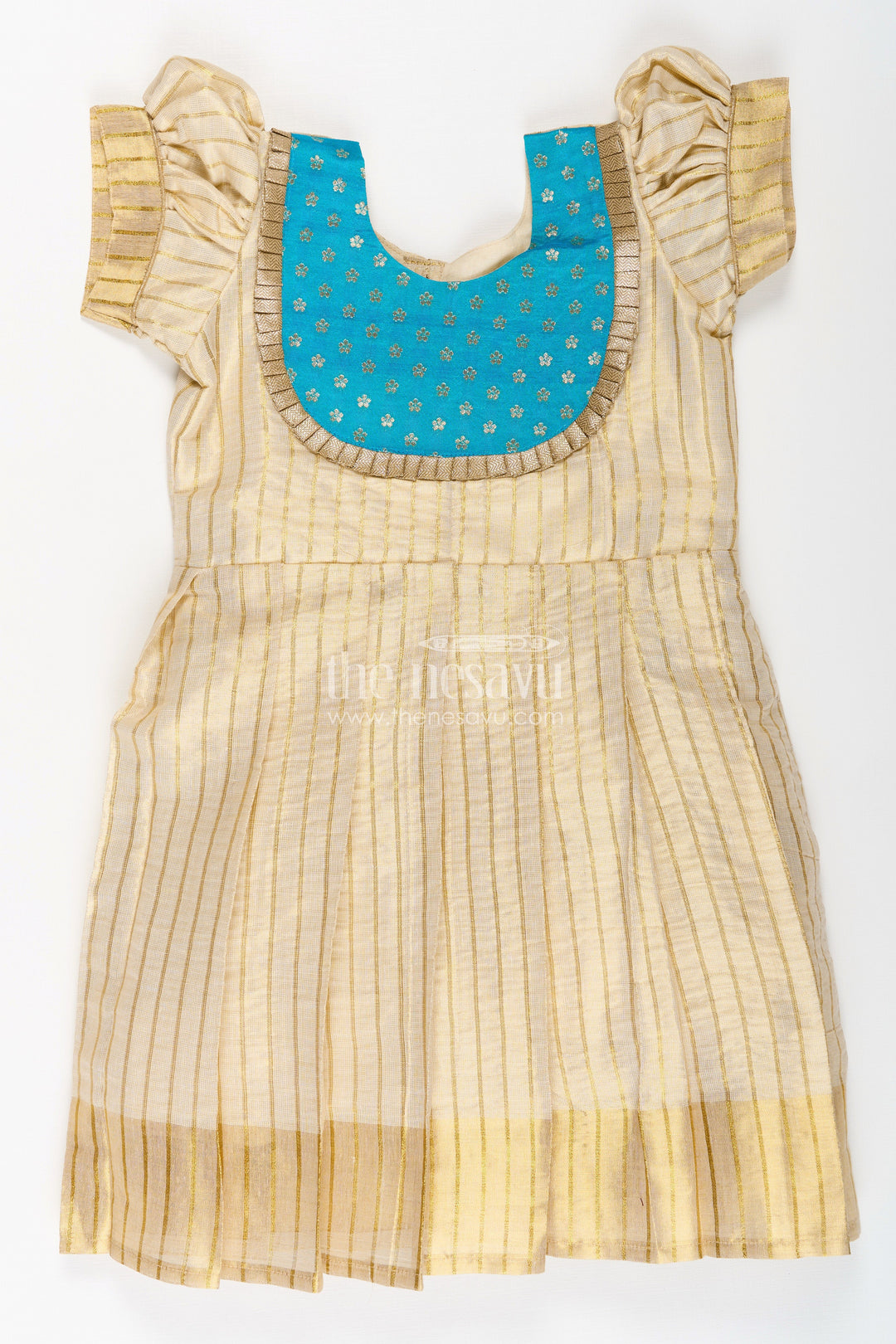 The Nesavu Silk Frock Girls Silk Frocks in Beige Tissue with Blue Semi Banaras Yoke and Traditional Pleated Design Nesavu 16 (1Y) / Cream SF1009A-16 Nesavu Girls Silk Frocks Beige Tissue Blue Banaras Yoke Pleated Traditional Finish