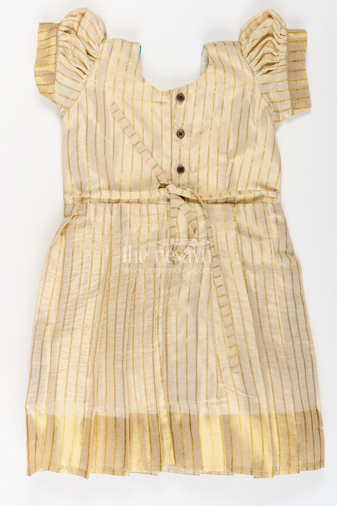 The Nesavu Silk Frock Girls Silk Frocks in Beige Tissue with Blue Semi Banaras Yoke and Traditional Pleated Design Nesavu Nesavu Girls Silk Frocks Beige Tissue Blue Banaras Yoke Pleated Traditional Finish