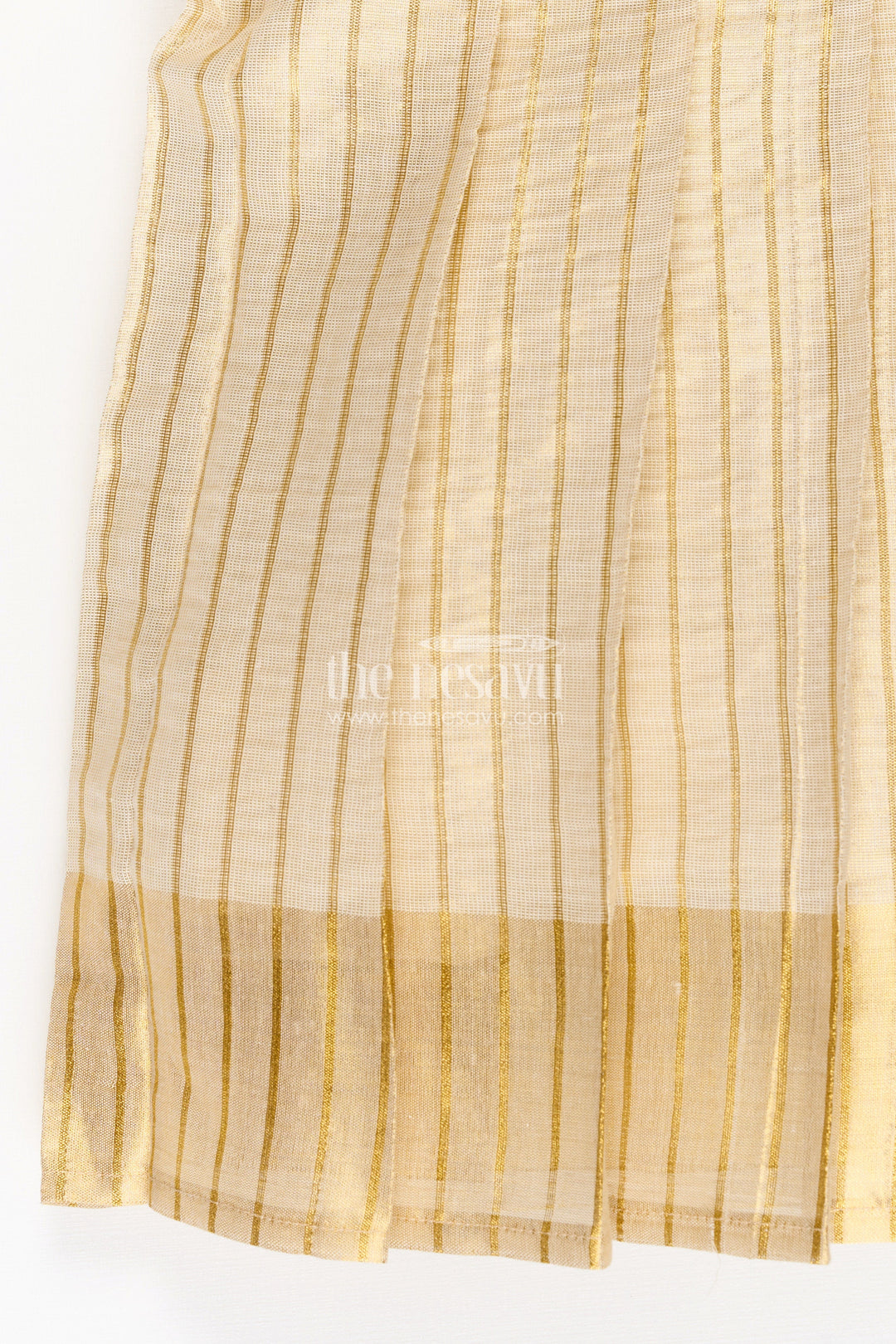 The Nesavu Silk Frock Girls Silk Frocks in Beige Tissue with Blue Semi Banaras Yoke and Traditional Pleated Design Nesavu Nesavu Girls Silk Frocks Beige Tissue Blue Banaras Yoke Pleated Traditional Finish