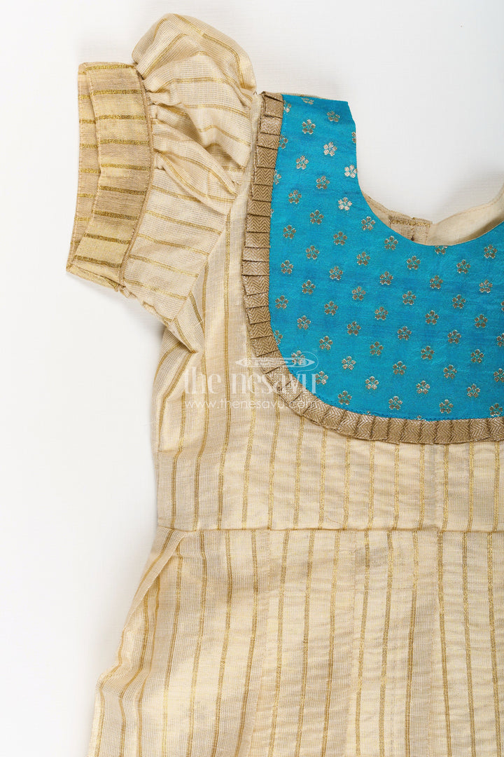 The Nesavu Silk Frock Girls Silk Frocks in Beige Tissue with Blue Semi Banaras Yoke and Traditional Pleated Design Nesavu Nesavu Girls Silk Frocks Beige Tissue Blue Banaras Yoke Pleated Traditional Finish