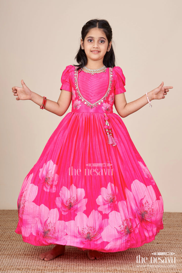 The Nesavu Girls Party Gown Girls Silk Gown for Birthday Party and Evening Events Nesavu 24 (5Y) / Pink GA365B-24 Nesavu girls silk gown birthday party festive events stone embellishments