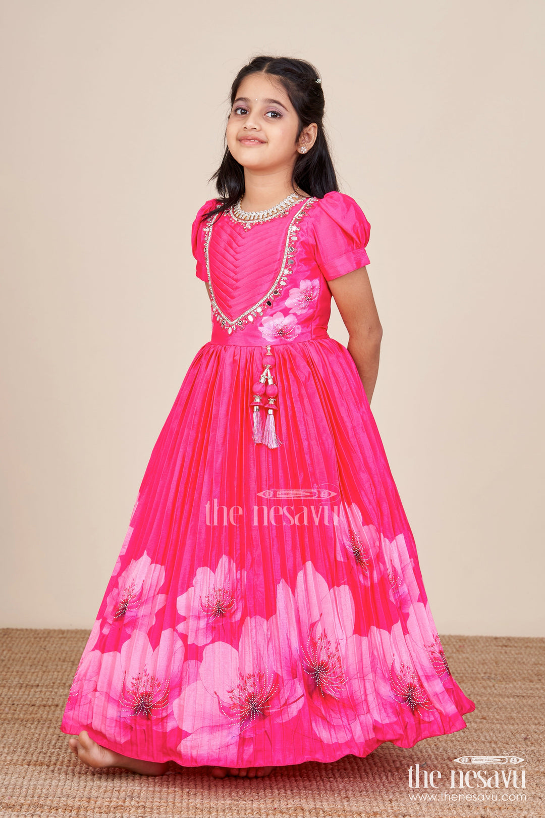 The Nesavu Girls Party Gown Girls Silk Gown for Birthday Party and Evening Events Nesavu Nesavu girls silk gown birthday party festive events stone embellishments