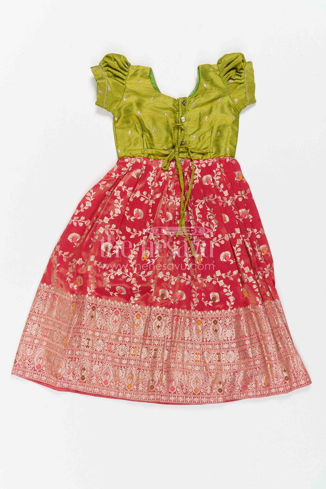 The Nesavu Girls Silk Gown Girls Silk Gown for Cultural Events and Grand Festive Occasions Nesavu Nesavu Girls Semi Banaras Silk Gown With Embroidered Yoke For Festive Celebrations
