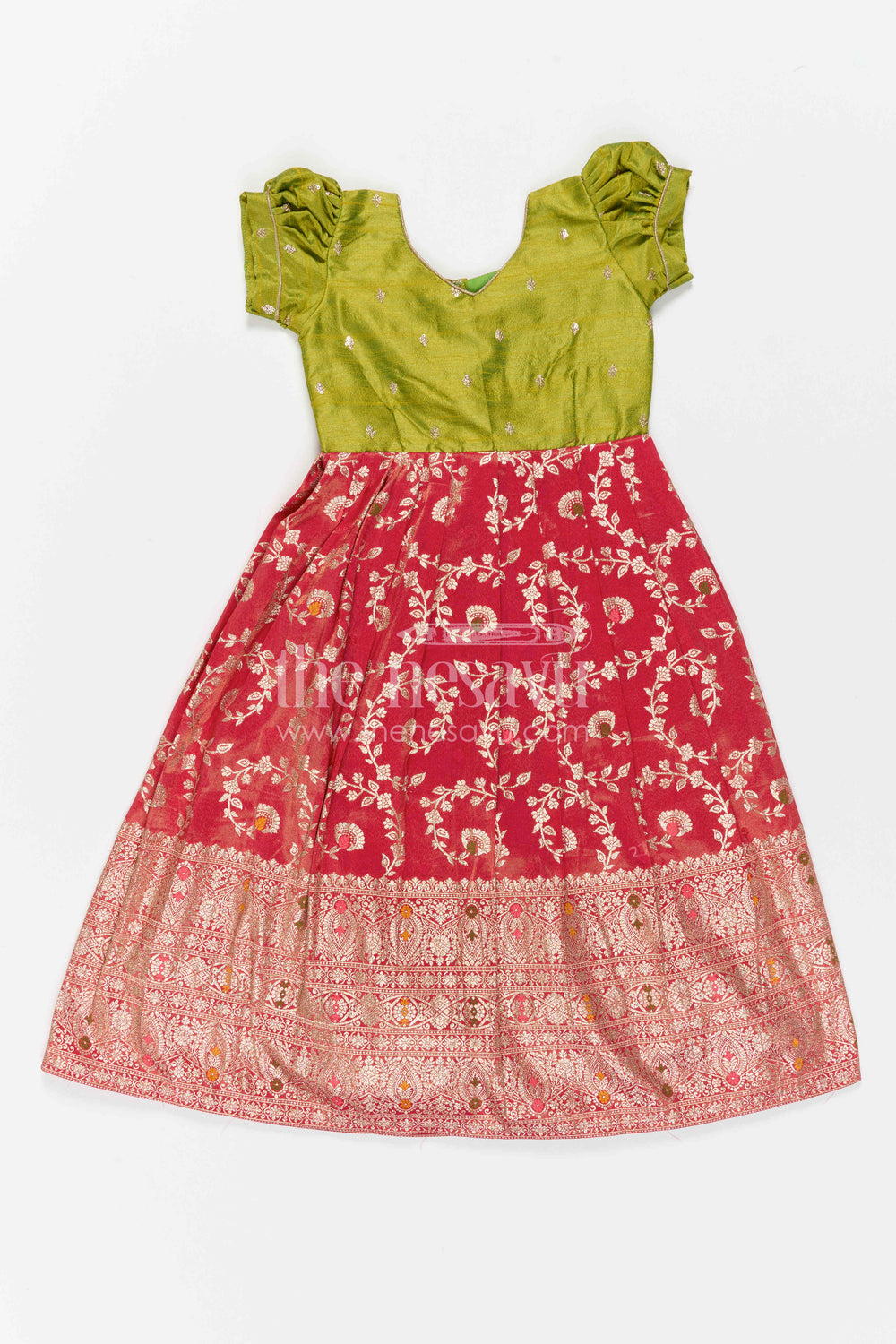 The Nesavu Girls Silk Gown Girls Silk Gown for Cultural Events and Grand Festive Occasions Nesavu Nesavu Girls Semi Banaras Silk Gown With Embroidered Yoke For Festive Celebrations