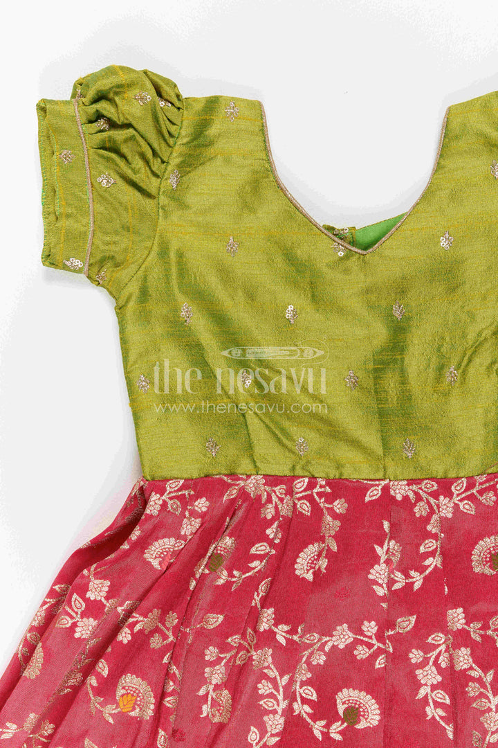 The Nesavu Girls Silk Gown Girls Silk Gown for Cultural Events and Grand Festive Occasions Nesavu Nesavu Girls Semi Banaras Silk Gown With Embroidered Yoke For Festive Celebrations