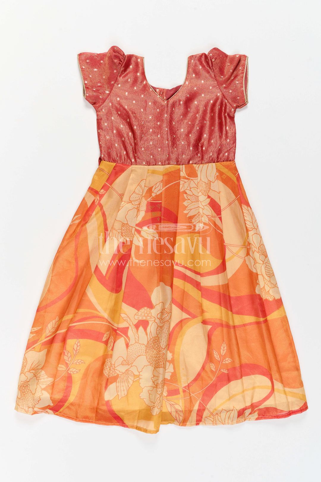 The Nesavu Girls Silk Gown Girls Silk Gown for Festive Birthdays and Family Celebrations Nesavu Nesavu Girls Semi Banaras Silk Gown With Tissue Yoke For Birthdays And Festive Occasions