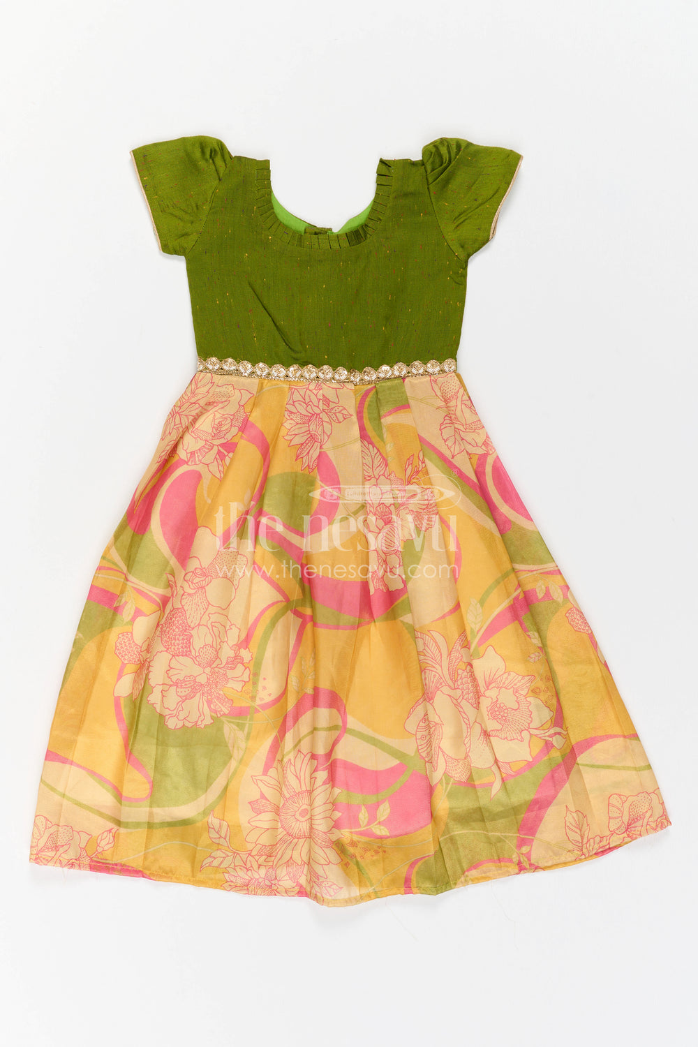The Nesavu Girls Silk Gown Girls Silk Gown for Festive Birthdays and Family Photo Celebrations Nesavu Nesavu Girls Semi Banaras Silk Gown With Digital Print For Birthdays And Festive Occasions