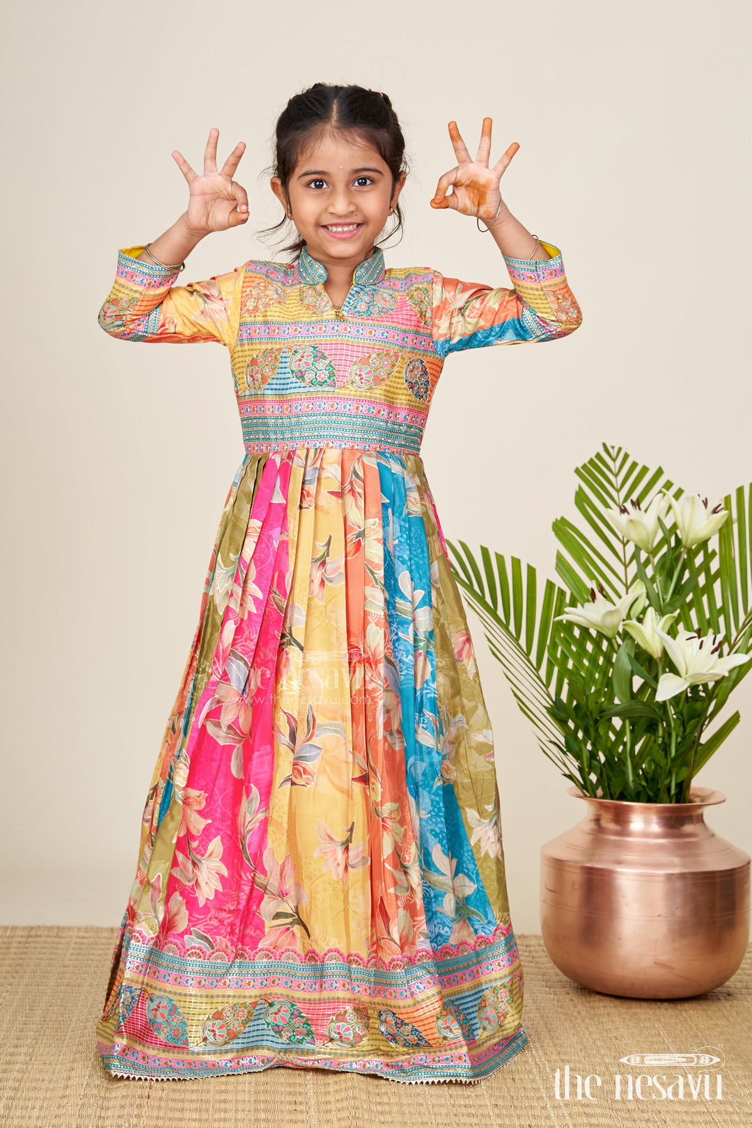 The Nesavu Girls Silk Gown Girls silk gown for festive events and cultural functions Nesavu 24 (5Y) / Multicolor GA334A-24 Nesavu silk gown girls multicolor prints festive events cultural celebrations