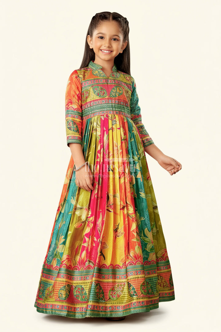 The Nesavu Girls Silk Gown Girls Silk Gown for Festive Events and Cultural Functions Nesavu Nesavu silk gown girls multicolor prints festive events cultural celebrations