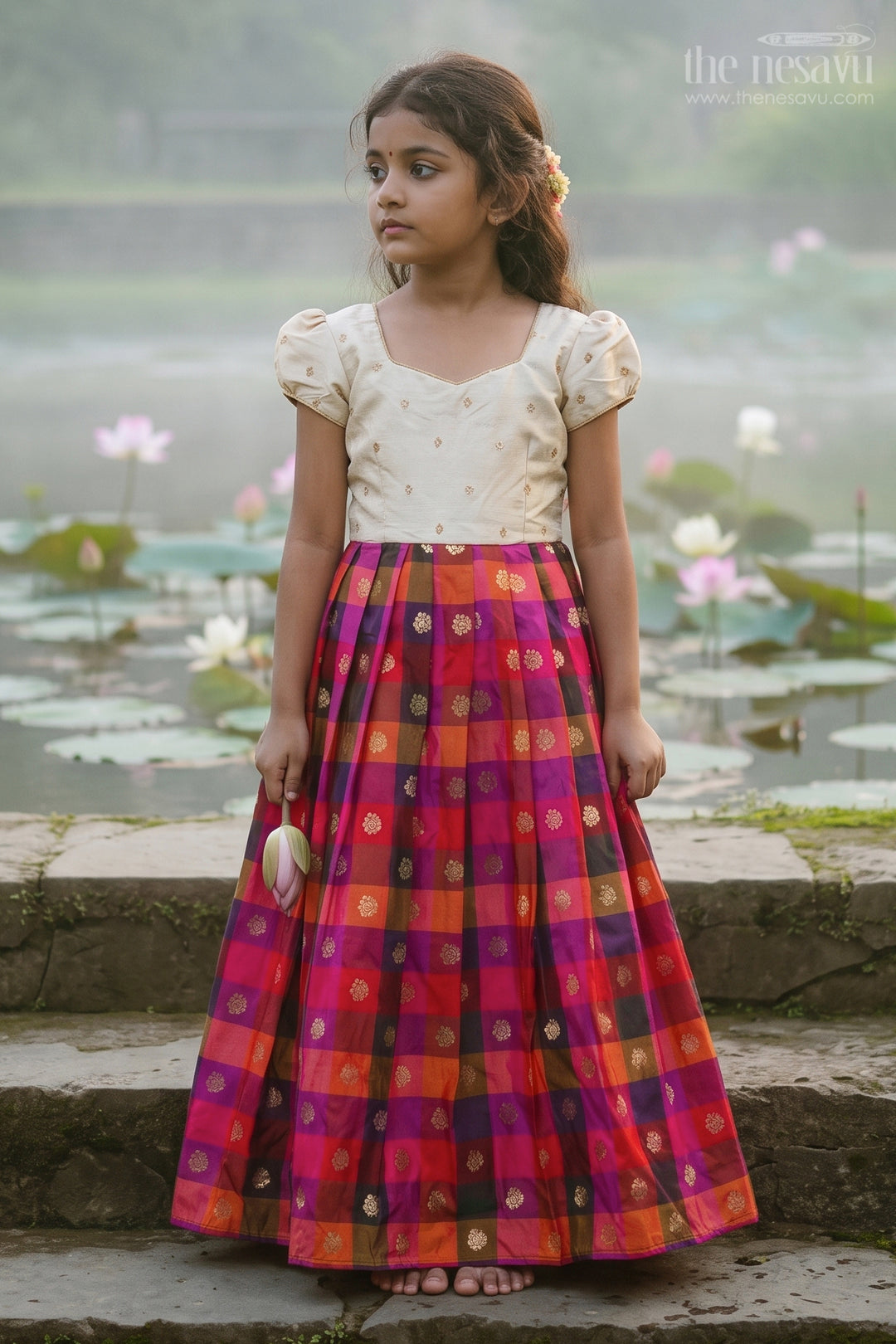The Nesavu Girls Silk Gown Girls Silk Gown for Festive Photoshoots and Family Gatherings Nesavu 22 (4Y) / White / Semi Banarasi GA412A-22 Nesavu Girls Semi Banaras Silk Gown With Sequence Embroidered Yoke For Festive Occasions