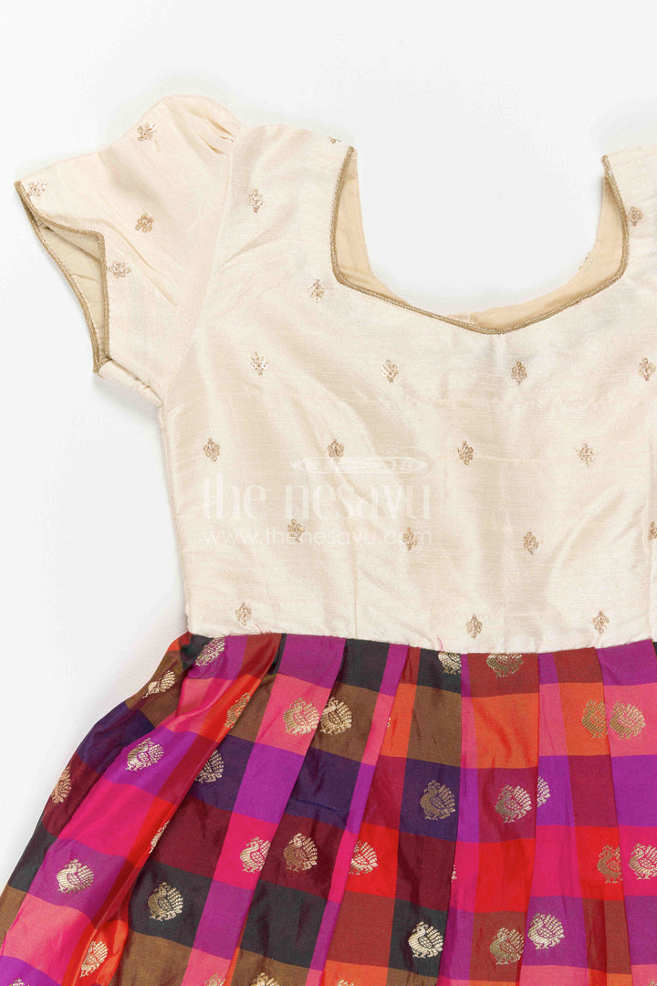 The Nesavu Girls Silk Gown Girls Silk Gown for Festive Photoshoots and Family Gatherings Nesavu Nesavu Girls Semi Banaras Silk Gown With Sequence Embroidered Yoke For Festive Occasions