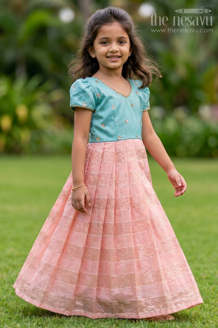 The Nesavu Girls Silk Gown Girls Silk Gown for Receptions and Festive Celebrations Nesavu 16 (1Y) / Turquoise / Silk GA391A-16 Nesavu Girls Silk Gown With Jacquard Weave And Raw Silk Yoke For Festive Celebrations