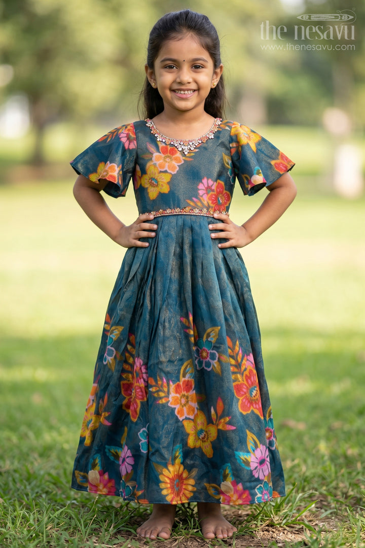 The Nesavu Girls Silk Gown Girls Silk Gown for Weddings and Festive Family Events Nesavu 24 (5Y) / Green GA332A-24 Nesavu girls silk gown in digital printed viscose silk for weddings and traditional occasions