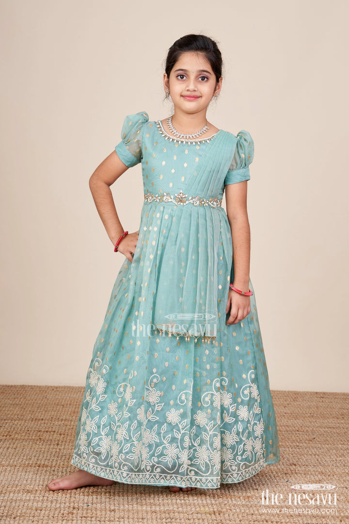 The Nesavu Girls Silk Gown Girls Silk Gown for Weddings and Festive Occasions Nesavu 20 (3Y) / Blue GA345B-20 Nesavu girls kora silk gown thread embroidery  perfect weddings festive occasions