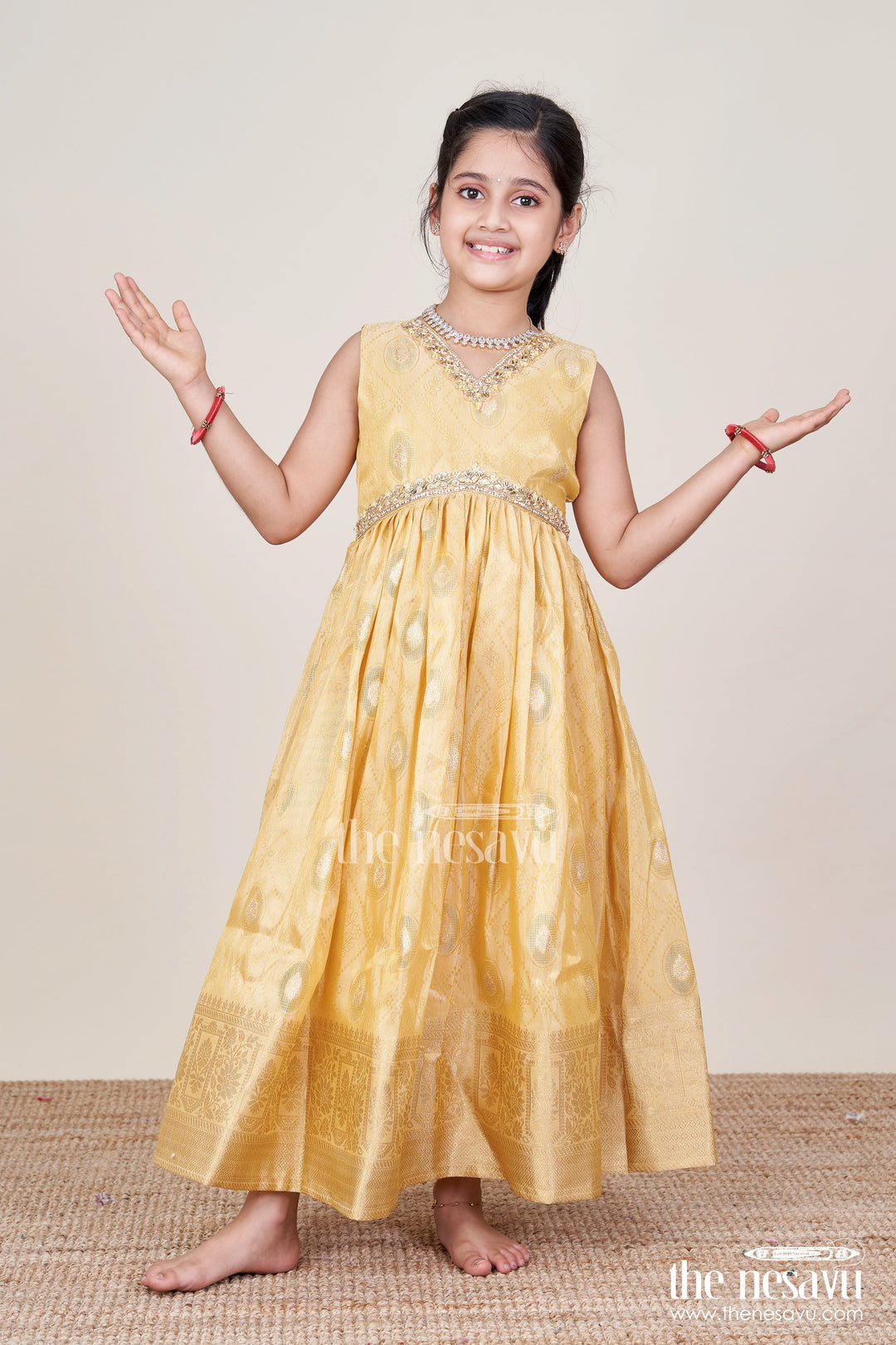 The Nesavu Girls Silk Gown Girls Silk Gown for Weddings and Festive Occasions Nesavu 24 (5Y) / Yellow GA353A-24 Nesavu girls silk gown zari border kora tissue weddings festive functions