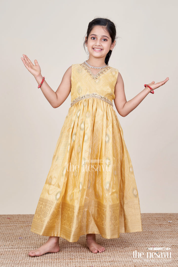 The Nesavu Girls Silk Gown Girls Silk Gown for Weddings and Festive Occasions Nesavu 24 (5Y) / Yellow GA353A-24 Nesavu girls silk gown zari border kora tissue weddings festive functions