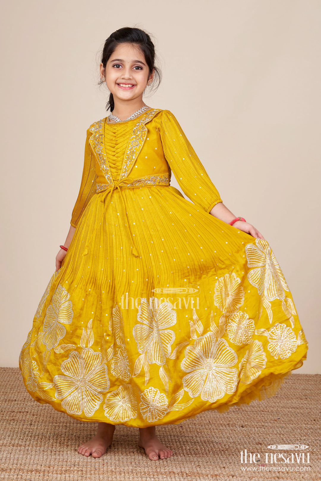 The Nesavu Girls Silk Gown Girls Silk Gown for Weddings and Festive Occasions Nesavu 24 (5Y) / Yellow GA364A-24 Nesavu festive silk gown girls embroidered yoke floral thread detailing