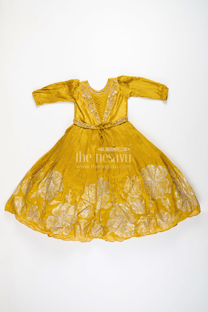 The Nesavu Girls Silk Gown Girls silk gown for weddings and festive occasions Nesavu Nesavu festive silk gown girls embroidered yoke floral thread detailing