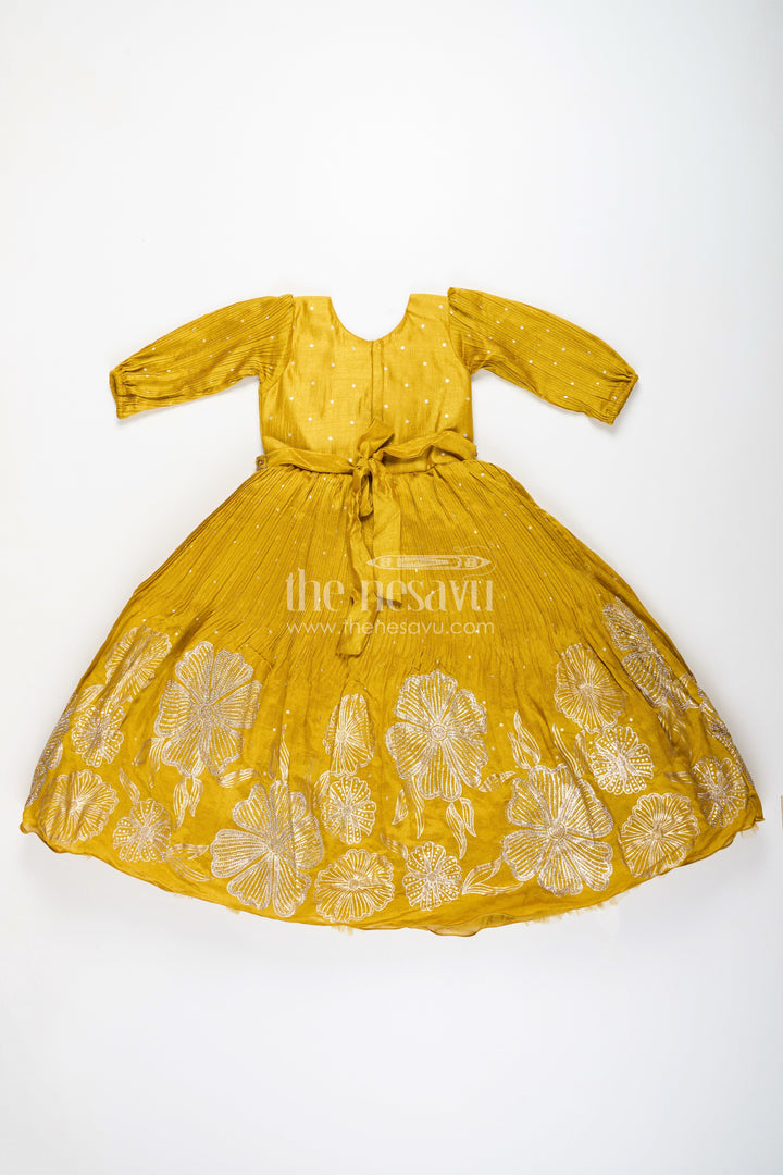 The Nesavu Girls Silk Gown Girls silk gown for weddings and festive occasions Nesavu Nesavu festive silk gown girls embroidered yoke floral thread detailing