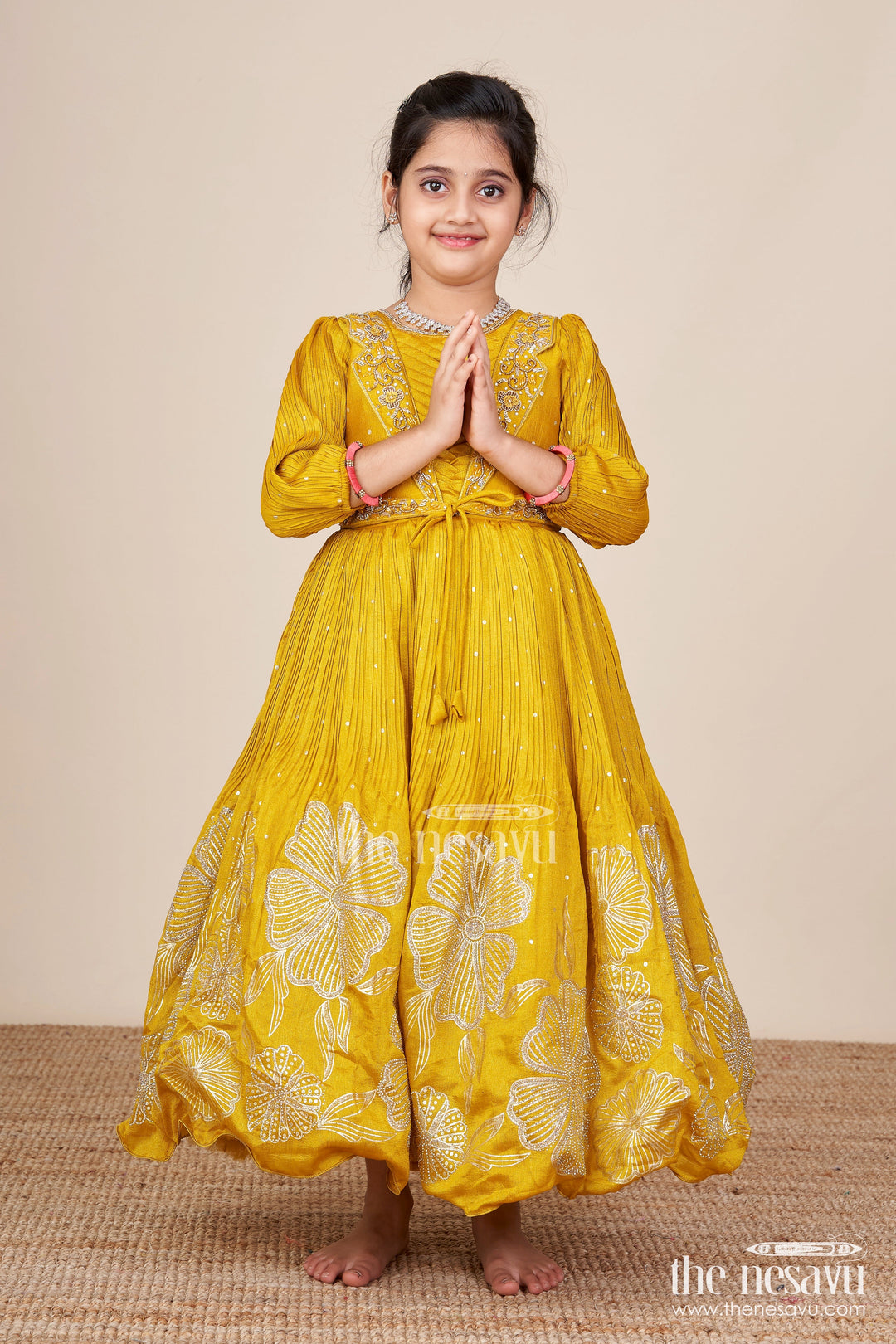 The Nesavu Girls Silk Gown Girls Silk Gown for Weddings and Festive Occasions Nesavu Nesavu festive silk gown girls embroidered yoke floral thread detailing