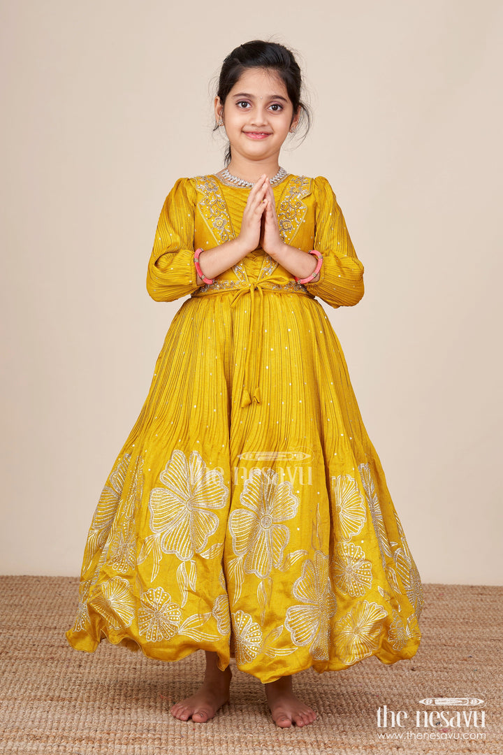 The Nesavu Girls Silk Gown Girls Silk Gown for Weddings and Festive Occasions Nesavu Nesavu festive silk gown girls embroidered yoke floral thread detailing