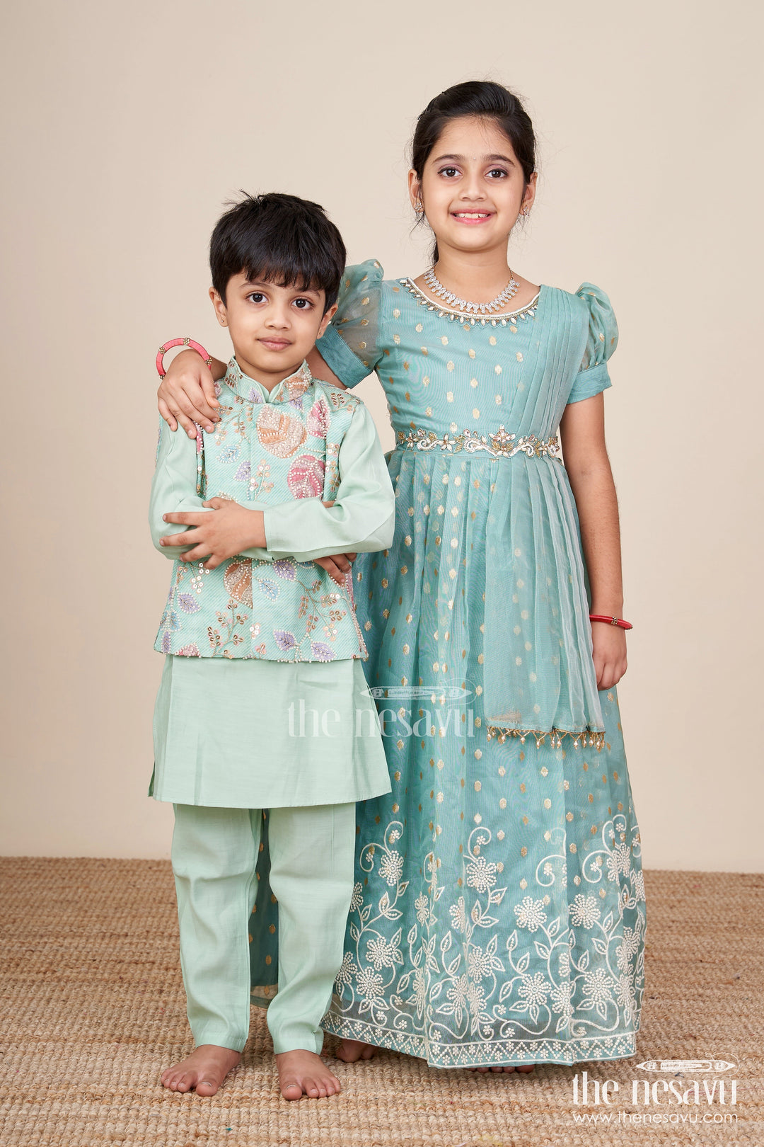 The Nesavu Girls Silk Gown Girls Silk Gown for Weddings and Festive Occasions Nesavu Nesavu girls kora silk gown thread embroidery  perfect weddings festive occasions