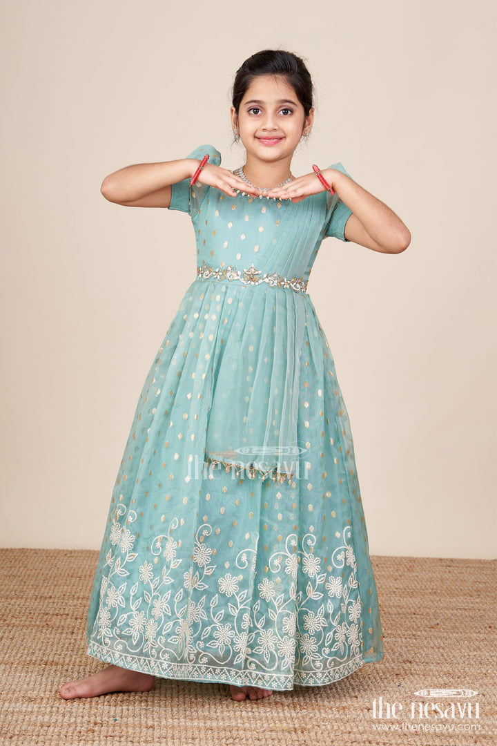 The Nesavu Girls Silk Gown Girls Silk Gown for Weddings and Festive Occasions Nesavu Nesavu girls kora silk gown thread embroidery  perfect weddings festive occasions