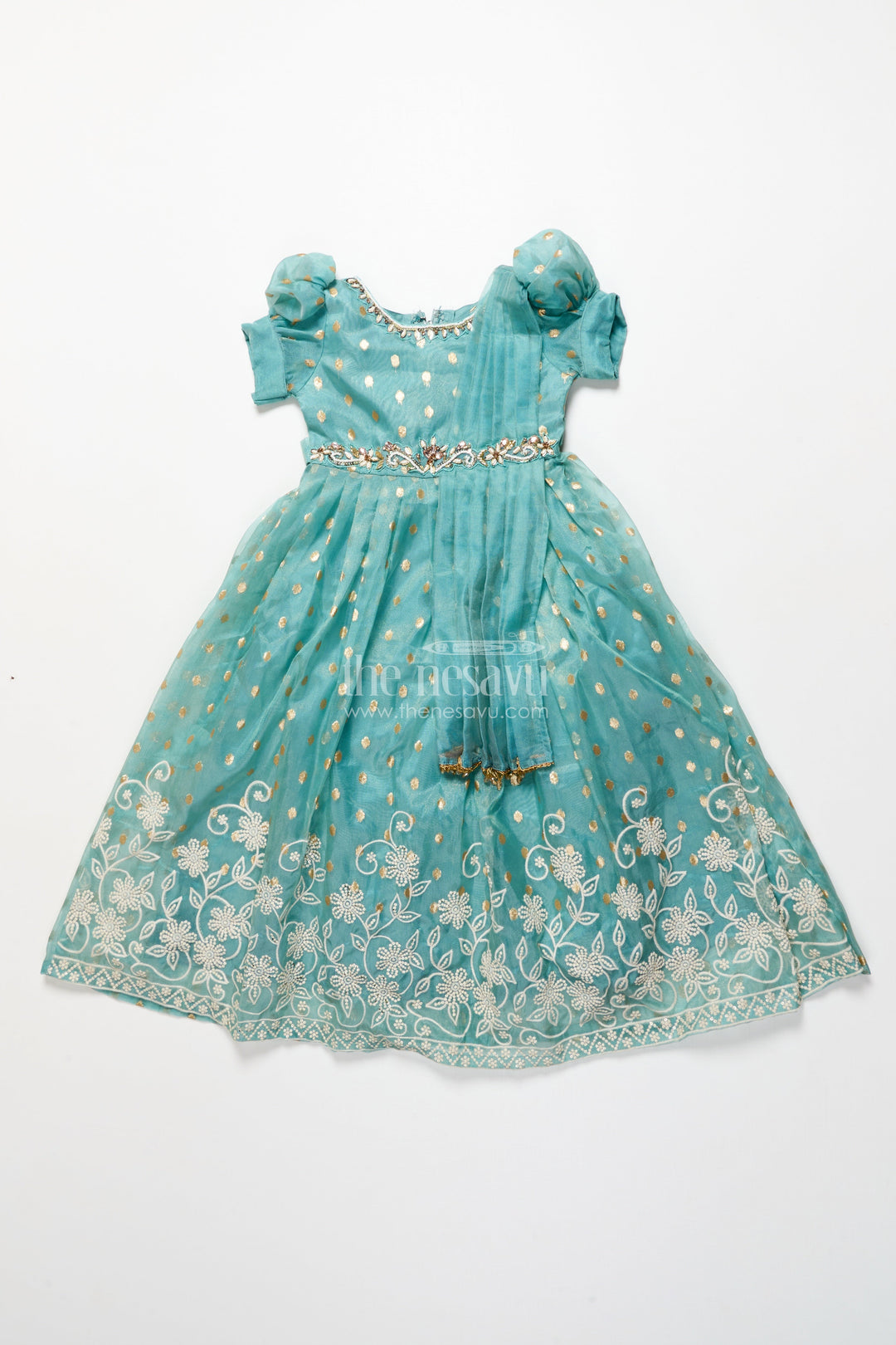 The Nesavu Girls Silk Gown Girls Silk Gown for Weddings and Festive Occasions Nesavu Nesavu girls kora silk gown thread embroidery  perfect weddings festive occasions