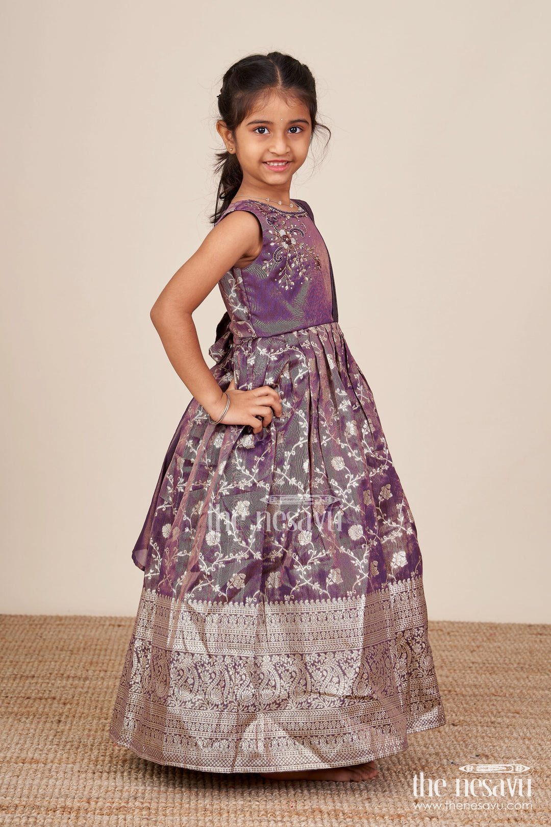 The Nesavu Girls Silk Gown Girls Silk Gown for Weddings and Traditional Family Celebrations Nesavu 20 (3Y) / Purple GA358B-20 Nesavu girls silk gown zari border weddings festive events traditional celebrations