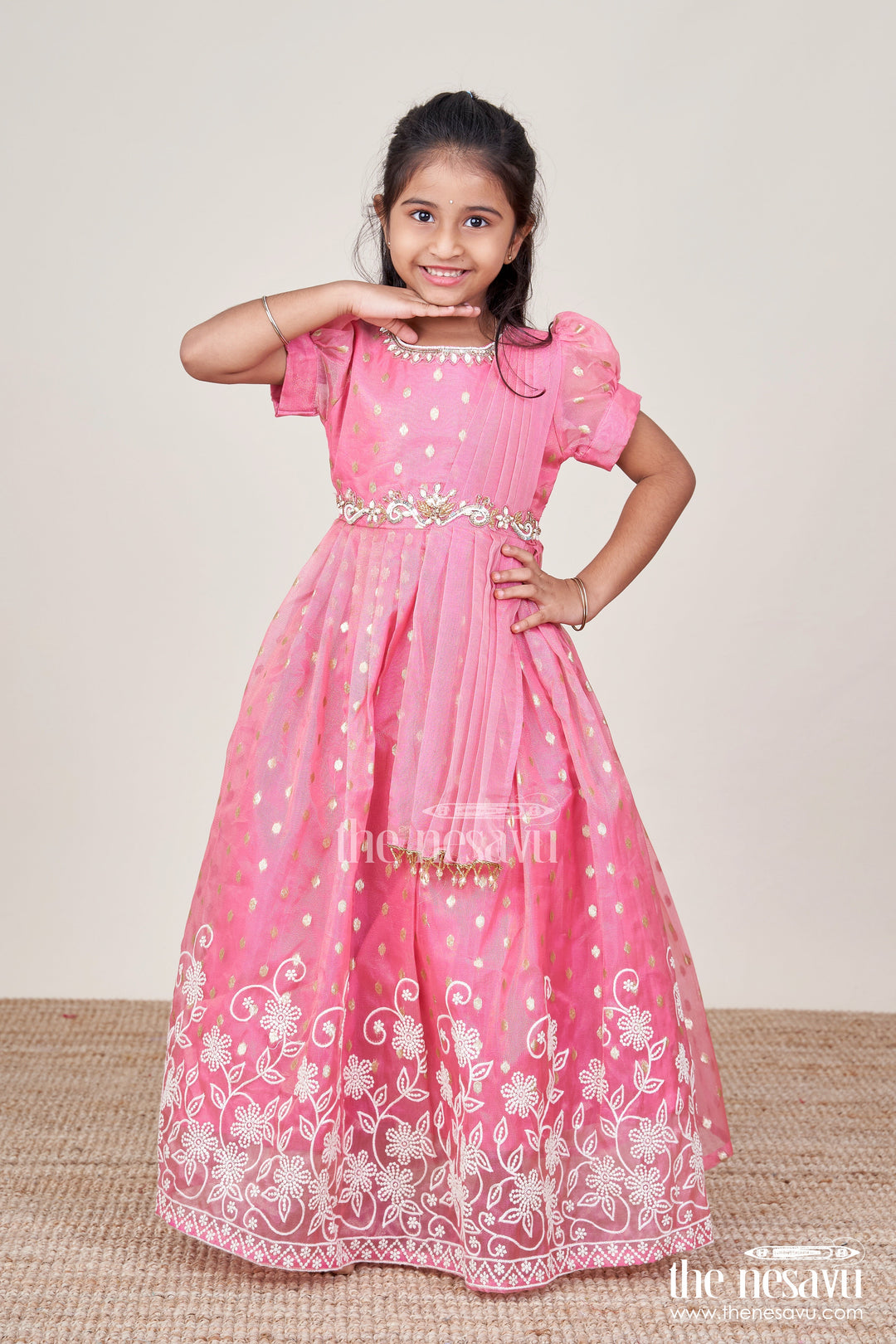 The Nesavu Girls Silk Gown Girls Silk Gown with Embroidery for Birthdays and Festive Wear Nesavu 20 (3Y) / Pink GA345A-20 Nesavu girls silk gown thread embroidery kora tissue birthdays festive wear