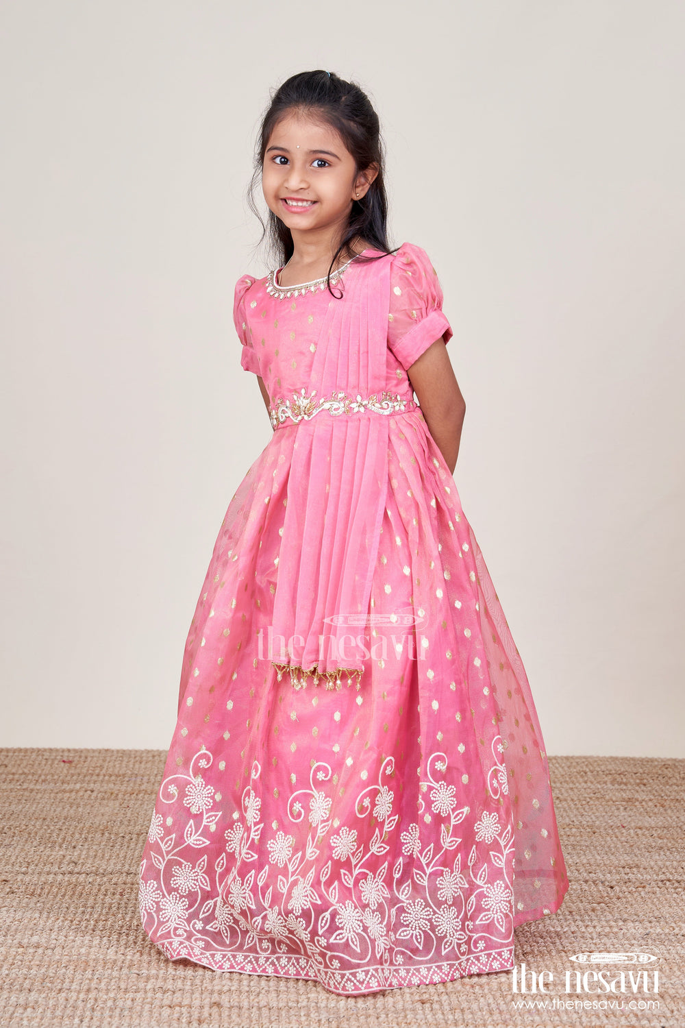 The Nesavu Girls Silk Gown Girls Silk Gown with Embroidery for Birthdays and Festive Wear Nesavu Nesavu girls silk gown thread embroidery kora tissue birthdays festive wear