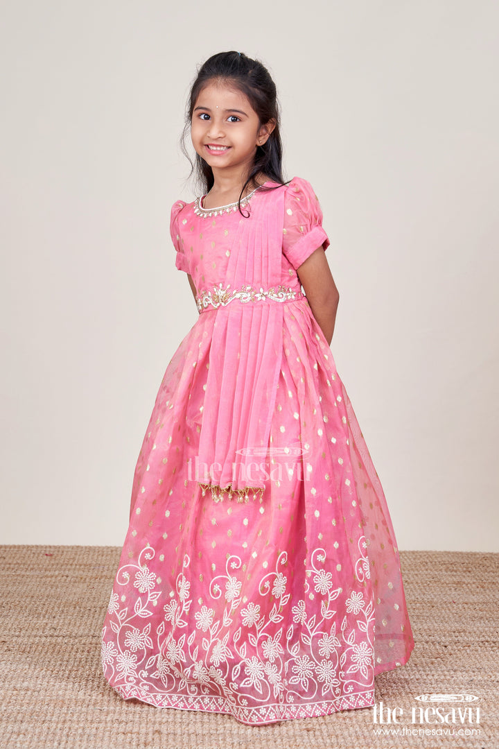 The Nesavu Girls Silk Gown Girls Silk Gown with Embroidery for Birthdays and Festive Wear Nesavu Nesavu girls silk gown thread embroidery kora tissue birthdays festive wear