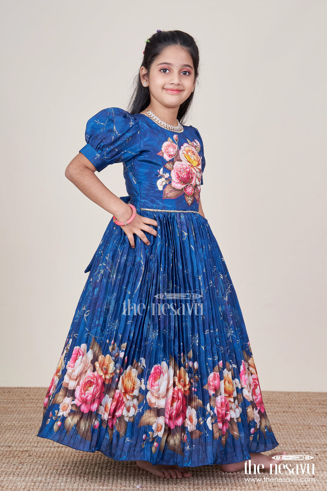 The Nesavu Girls Silk Gown Girls Silk Gown with Floral Digital Print for Festive Occasions Nesavu 24 (5Y) / Blue GA368A-24 Nesavu silk gown girls floral digital print sequins