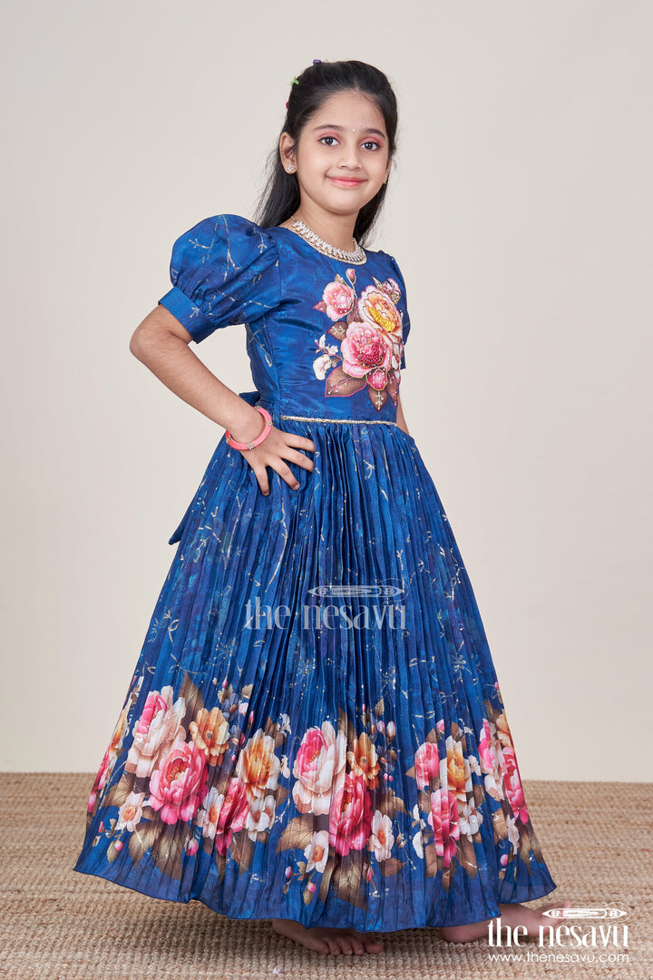The Nesavu Girls Silk Gown Girls Silk Gown with Floral Digital Print for Festive Occasions Nesavu 24 (5Y) / Blue GA368A-24 Nesavu silk gown girls floral digital print sequins