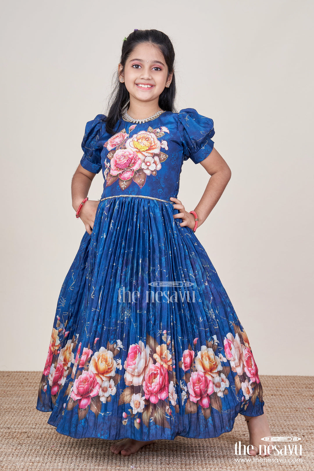 The Nesavu Girls Silk Gown Girls Silk Gown with Floral Digital Print for Festive Occasions Nesavu Nesavu silk gown girls floral digital print sequins