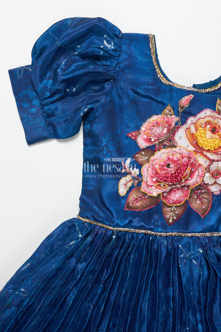The Nesavu Girls Silk Gown Girls Silk Gown with Floral Digital Print for Festive Occasions Nesavu Nesavu silk gown girls floral digital print sequins