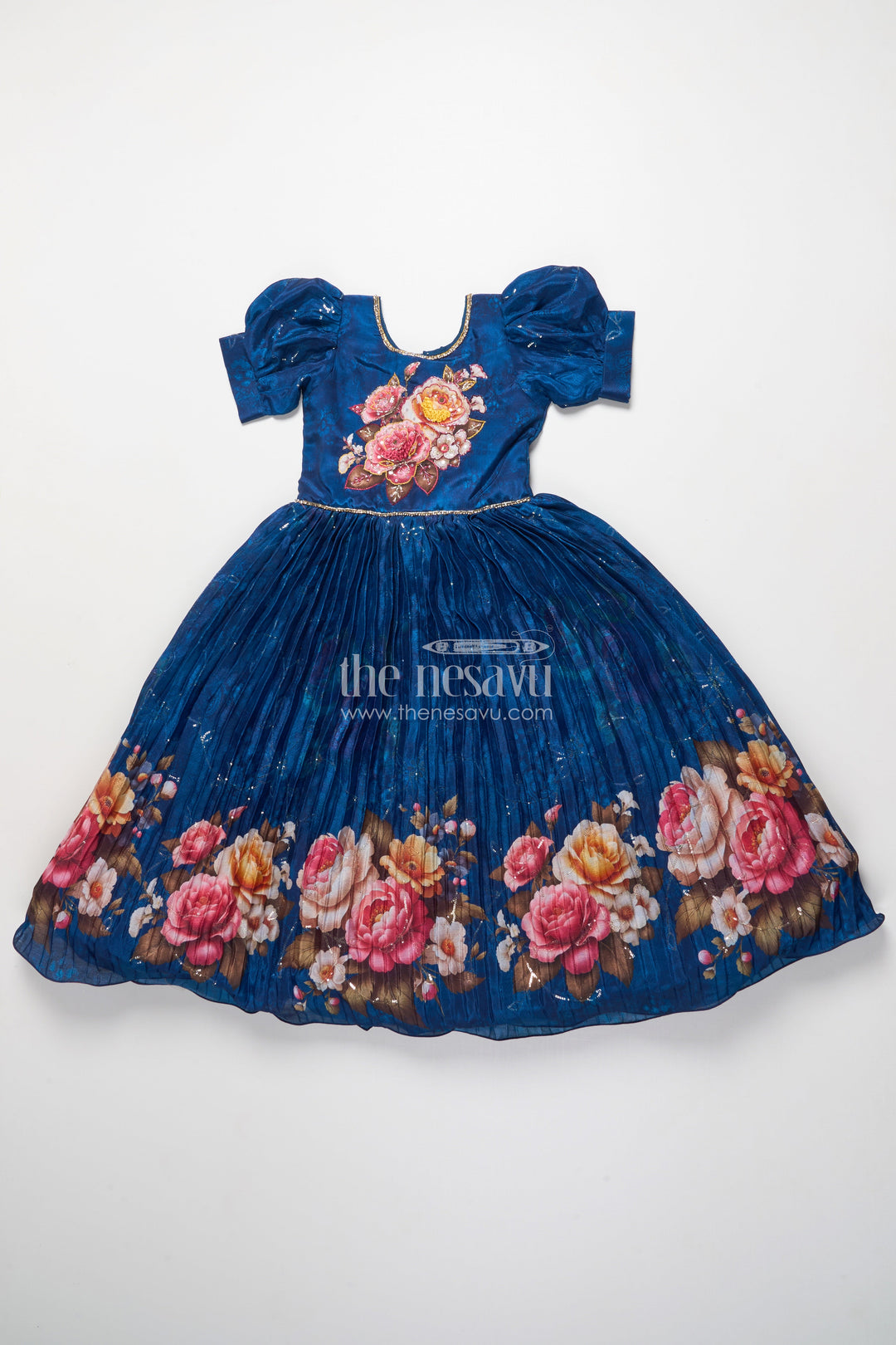 The Nesavu Girls Silk Gown Girls Silk Gown with Floral Digital Print for Festive Occasions Nesavu Nesavu silk gown girls floral digital print sequins