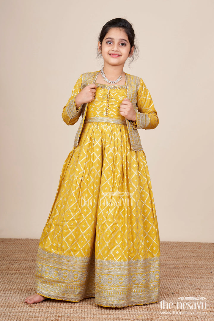 The Nesavu Girls Silk Gown Girls Silk Gown with Jacket for Weddings and Traditional Functions Nesavu 22 (4Y) / Yellow GA377A-22 Nesavu girls silk gown jacket Banarasi jacquard weddings festive occasions