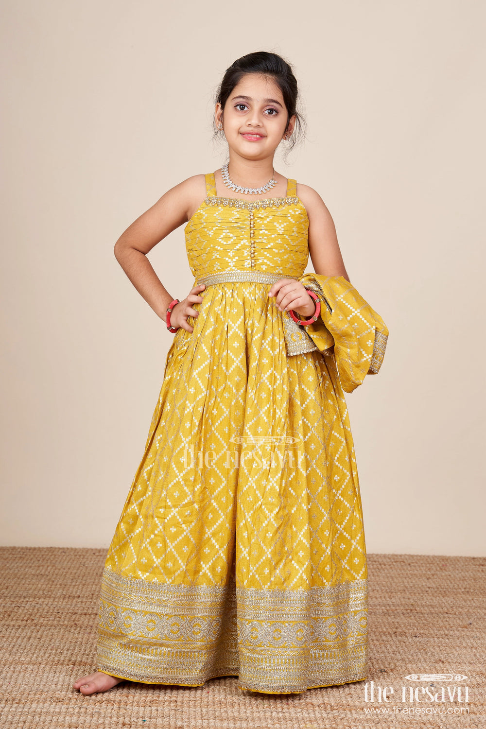 The Nesavu Girls Silk Gown Girls Silk Gown with Jacket for Weddings and Traditional Functions Nesavu Nesavu girls silk gown jacket Banarasi jacquard weddings festive occasions