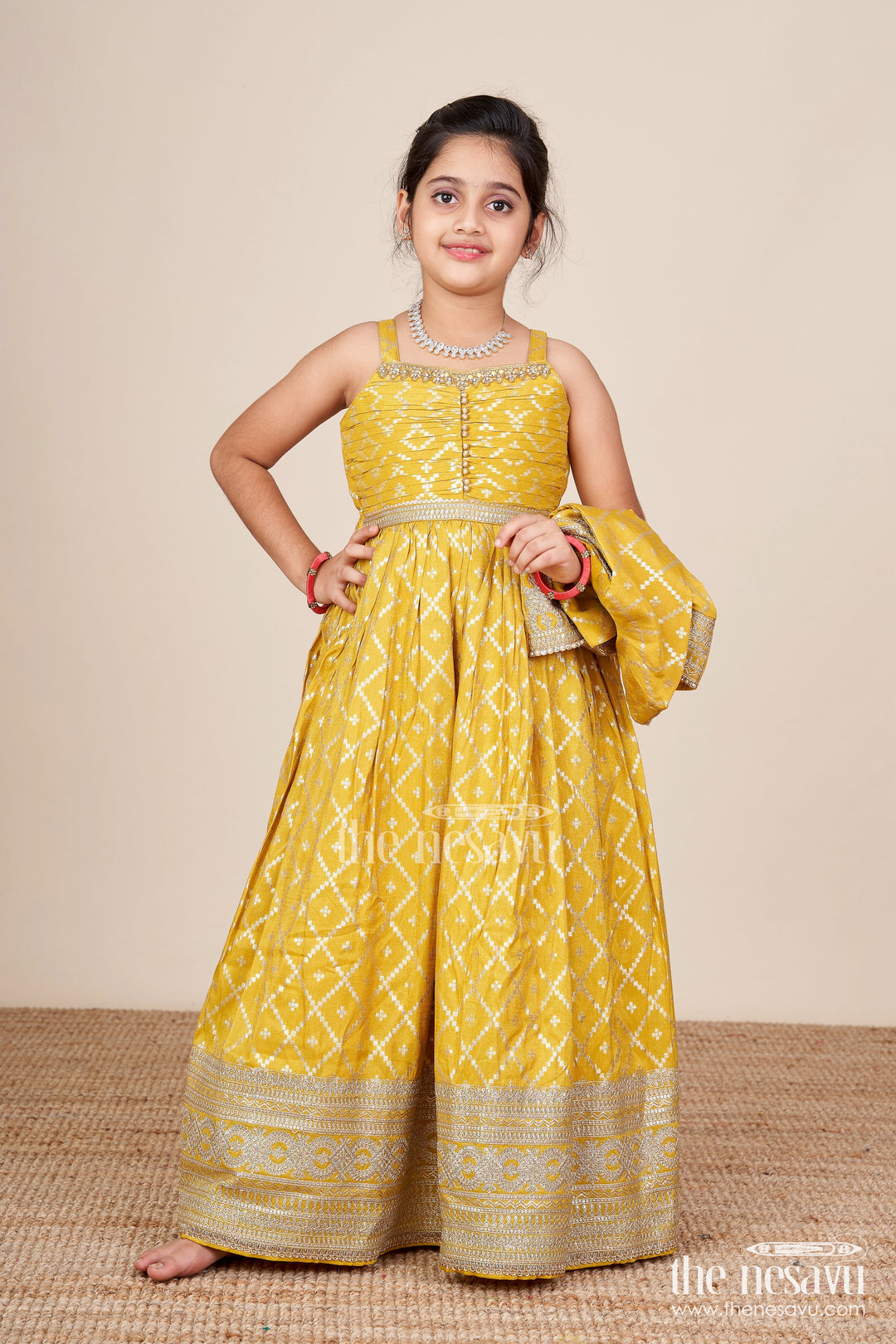 The Nesavu Girls Silk Gown Girls Silk Gown with Jacket for Weddings and Traditional Functions Nesavu Nesavu girls silk gown jacket Banarasi jacquard weddings festive occasions