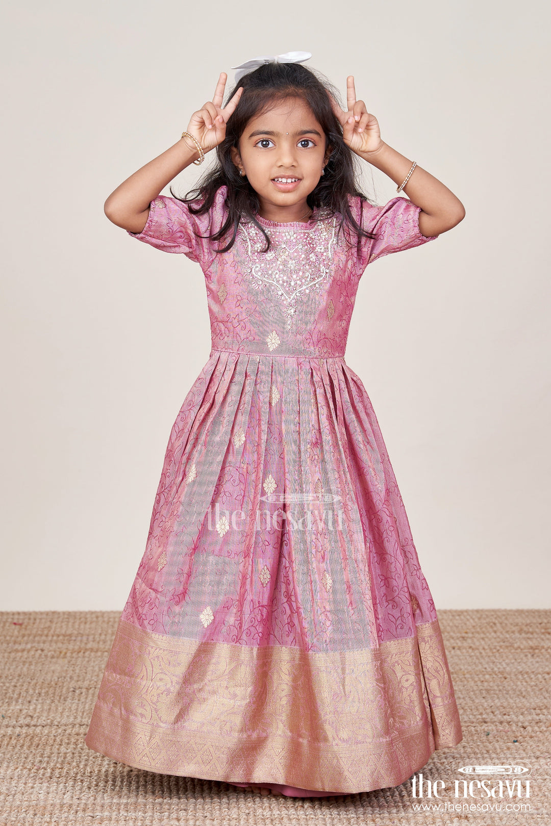 The Nesavu Girls Silk Gown Girls Silk Gown with Zari Border for Weddings and Festive Functions Nesavu 22 (4Y) / Pink GA382B-22 Nesavu girls silk gown zari border embroidered yoke weddings cultural celebrations