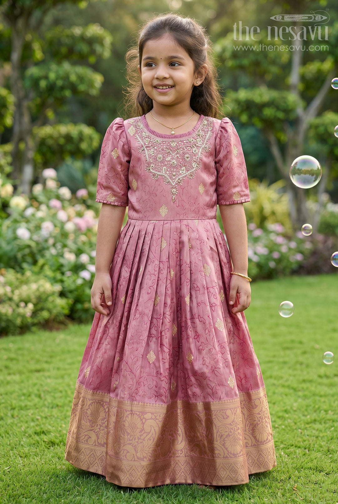 The Nesavu Girls Silk Gown Girls Silk Gown with Zari Border for Weddings and Festive Functions Nesavu 22 (4Y) / Pink GA382B-22 Nesavu girls silk gown zari border embroidered yoke weddings cultural celebrations