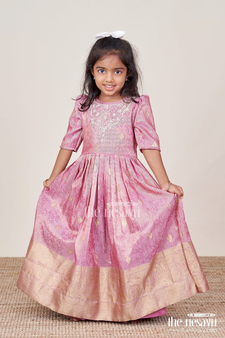 The Nesavu Girls Silk Gown Girls Silk Gown with Zari Border for Weddings and Festive Functions Nesavu Nesavu girls silk gown zari border embroidered yoke weddings cultural celebrations